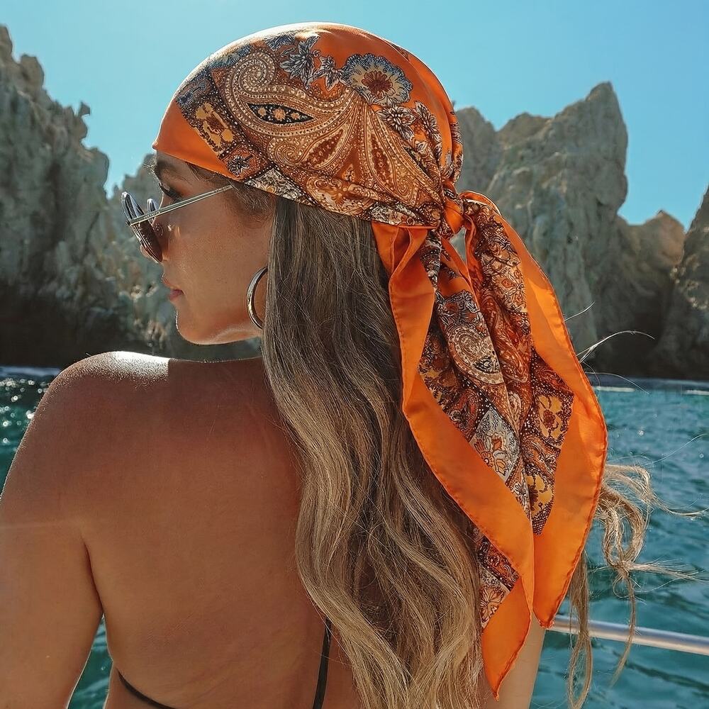 Bohemian Paisley Print Headscarf Hair Band Scarf Shawl Women Orange Cashew Boho